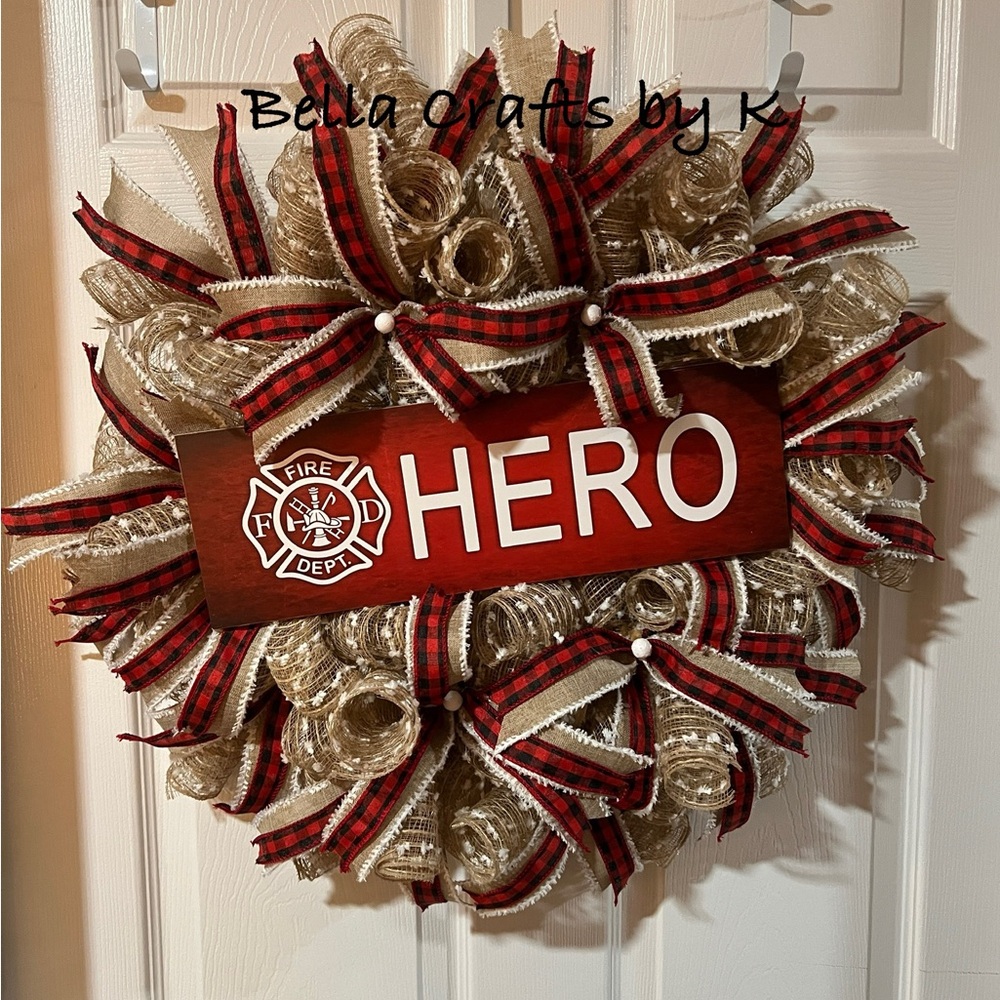 Handmade deco mesh Firefighter wreath